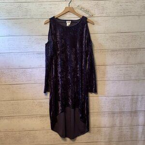 Vintage New Visions Upcycled Cold Shoulder Hi Lo Hem Purple Crushed Velvet Dress